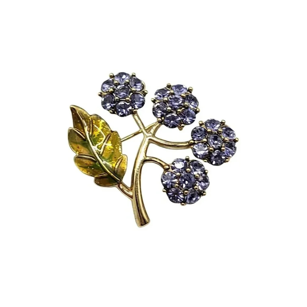 MONET Signed Vintage Purple Rhinestone Fruit Flower Enamel Leaf Brooch Pin